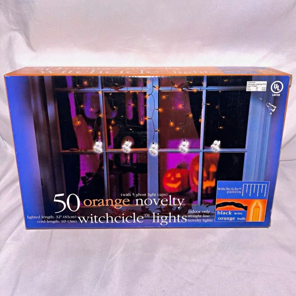 Witchcicle Ghost Halloween String Lights 50 Orange Black Cord Plug-In